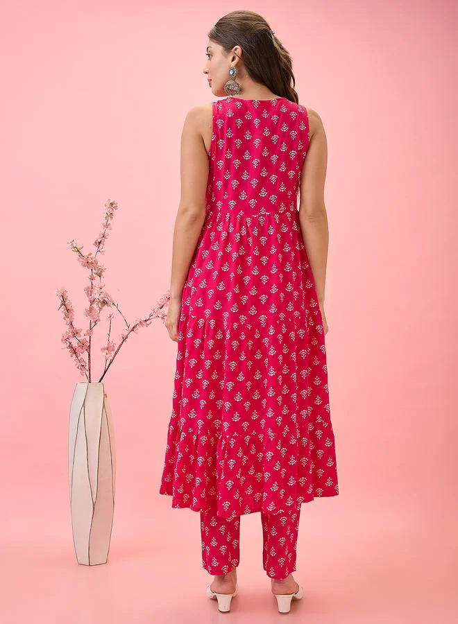 globus Women Pink Embroidered Floral Print Tiered Kurta and Pants Set